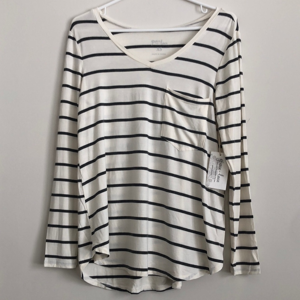 NWT Grace & Lace cream/gray stripes top size xs